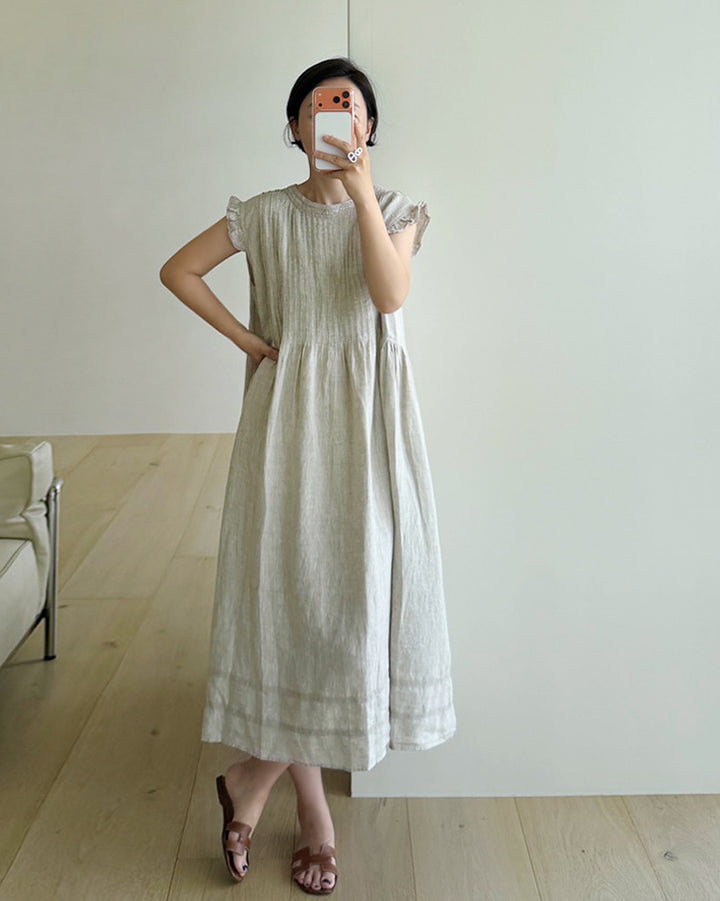 100% Linen Pintuck Maxi Dress