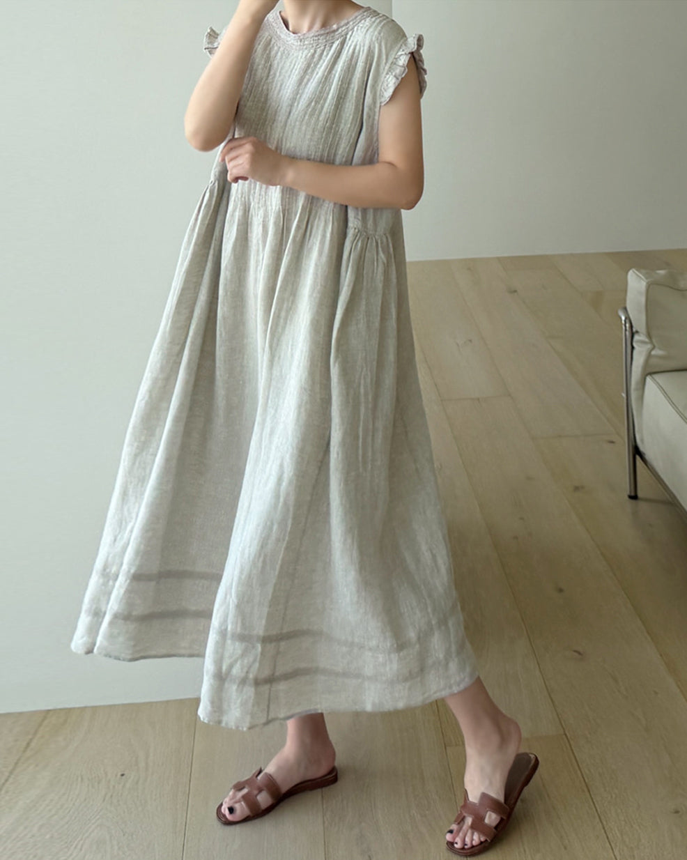 100% Linen Pintuck Maxi Dress