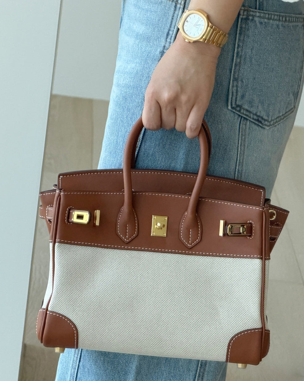 Canvas and Genuine Leather Tote Bag