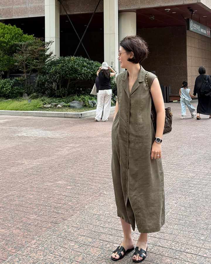 100% Linen Sleeveless Button-Down Maxi Dress