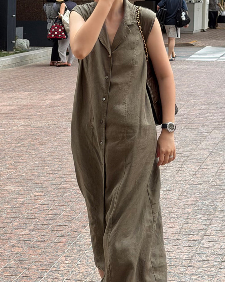 100% Linen Sleeveless Button-Down Maxi Dress