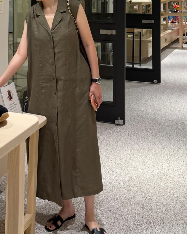 100% Linen Sleeveless Button-Down Maxi Dress