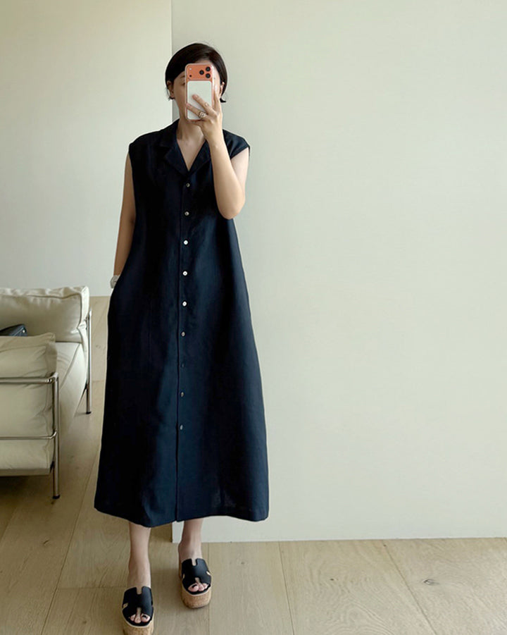 100% Linen Sleeveless Button-Down Maxi Dress