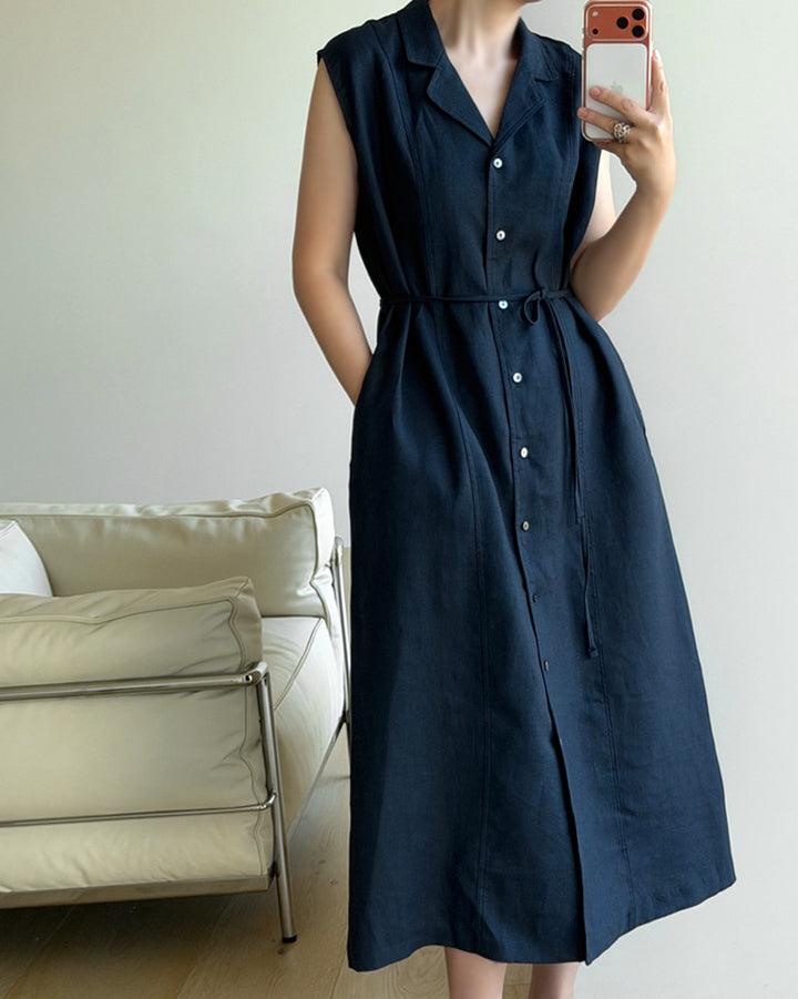 100% Linen Sleeveless Button-Down Maxi Dress