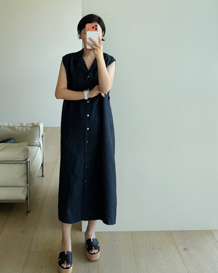 100% Linen Sleeveless Button-Down Maxi Dress
