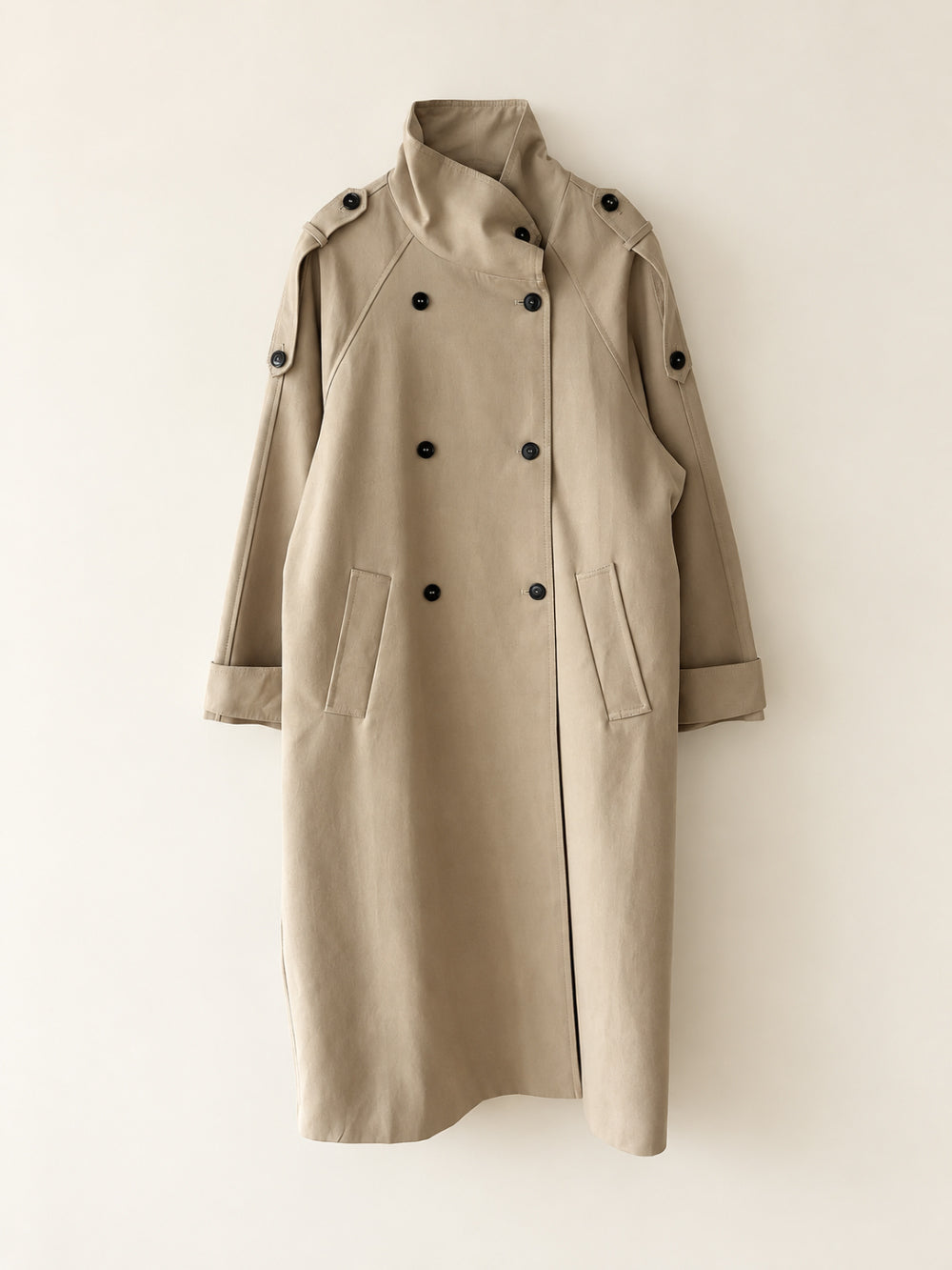 High-Neck Double-Breasted Long Trench Coat