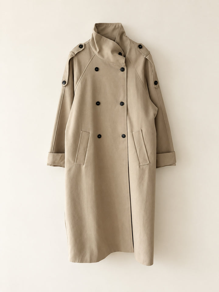 High-Neck Double-Breasted Long Trench Coat
