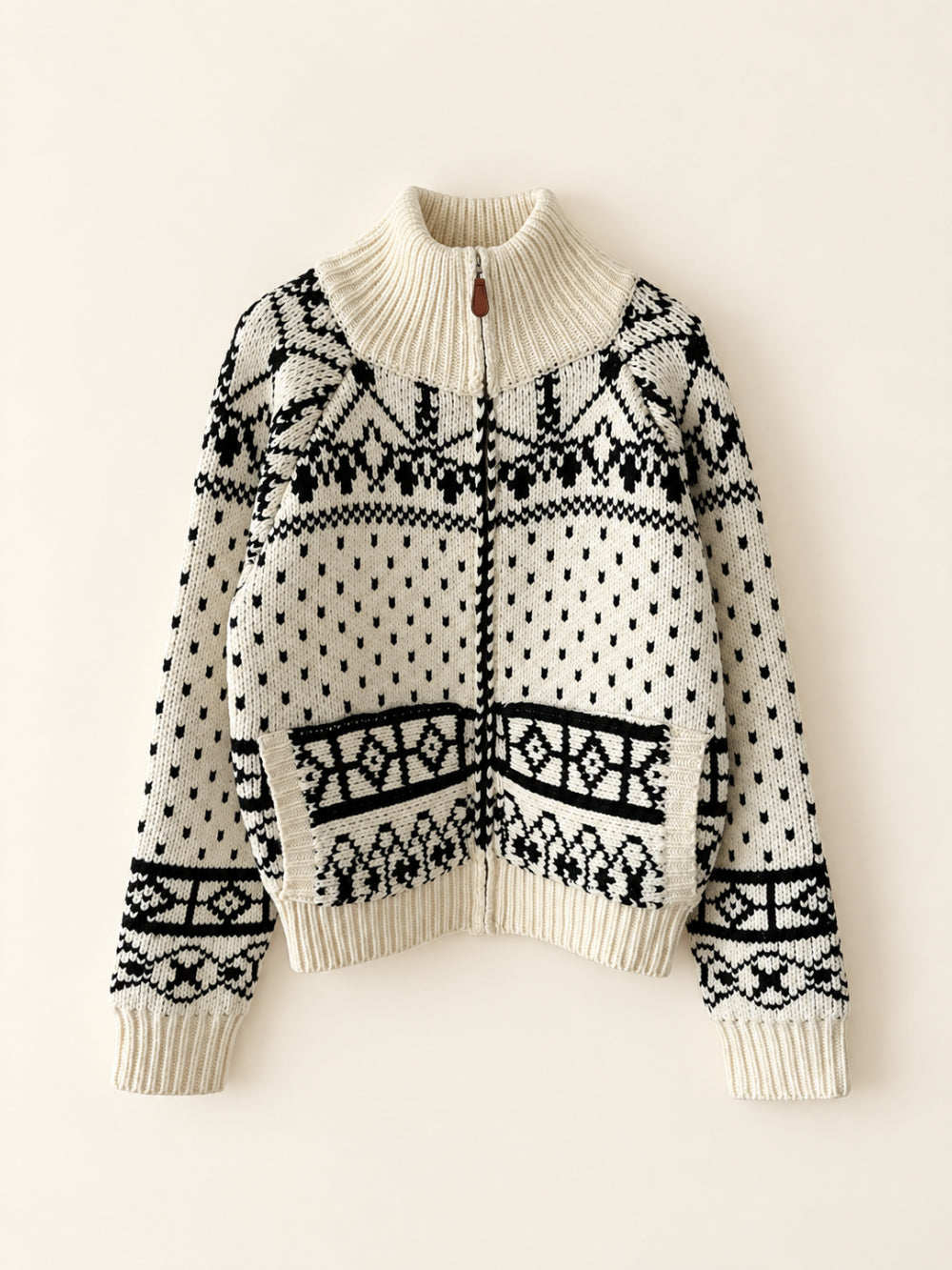 Nordic Pattern Mock Neck Zip-Up Knit Sweater
