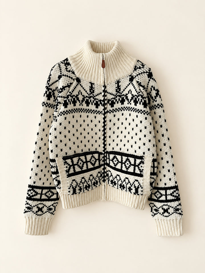 Nordic Pattern Mock Neck Zip-Up Knit Sweater